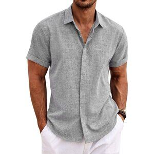 Men's Grey Linen Shirts Short Sleeve Casual Shirts Button Down Wedding Shirt